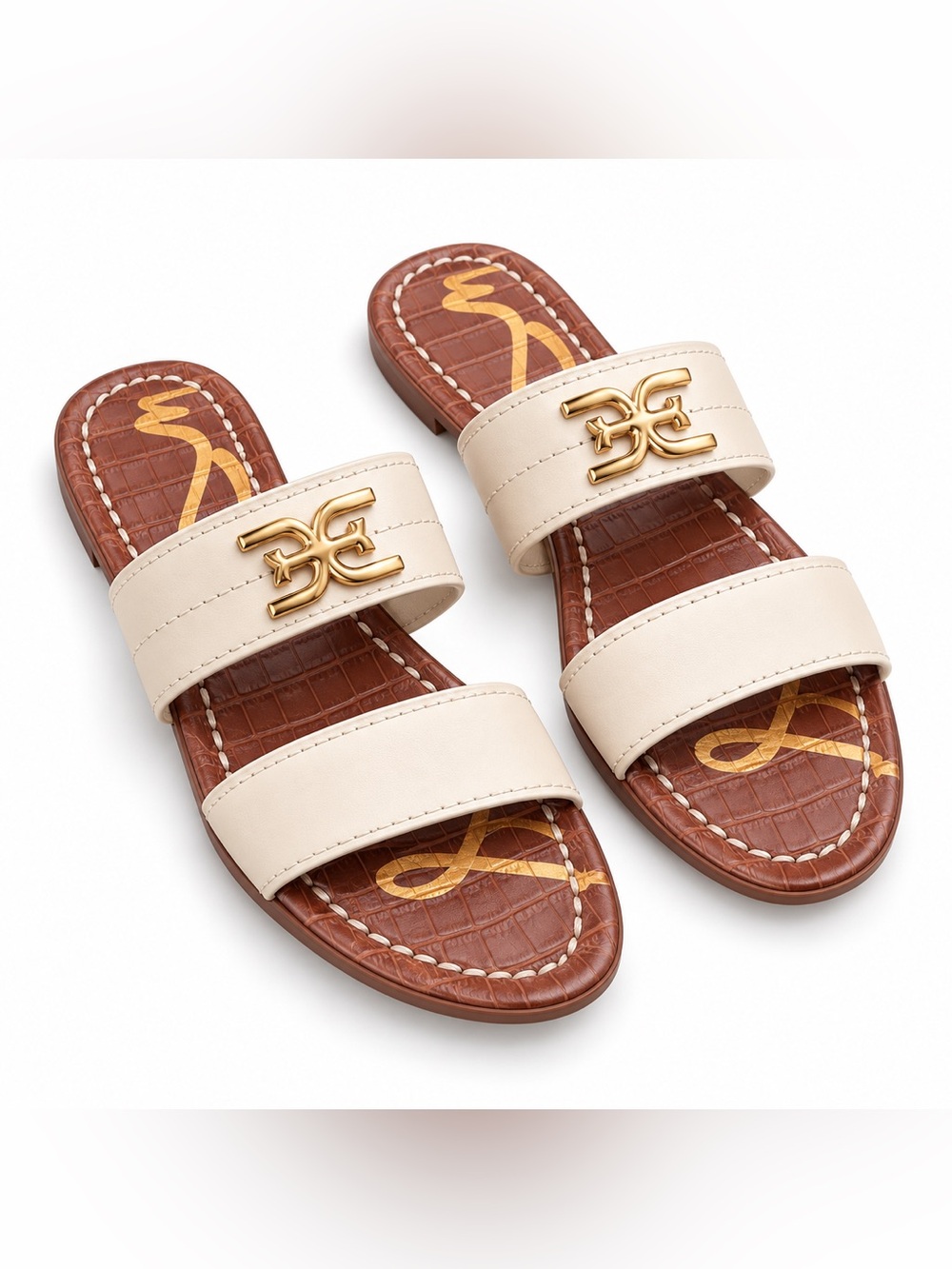 NWT Sam Edelman Cream Leather Gold Logo Double Strap Slide Sandals Size 8